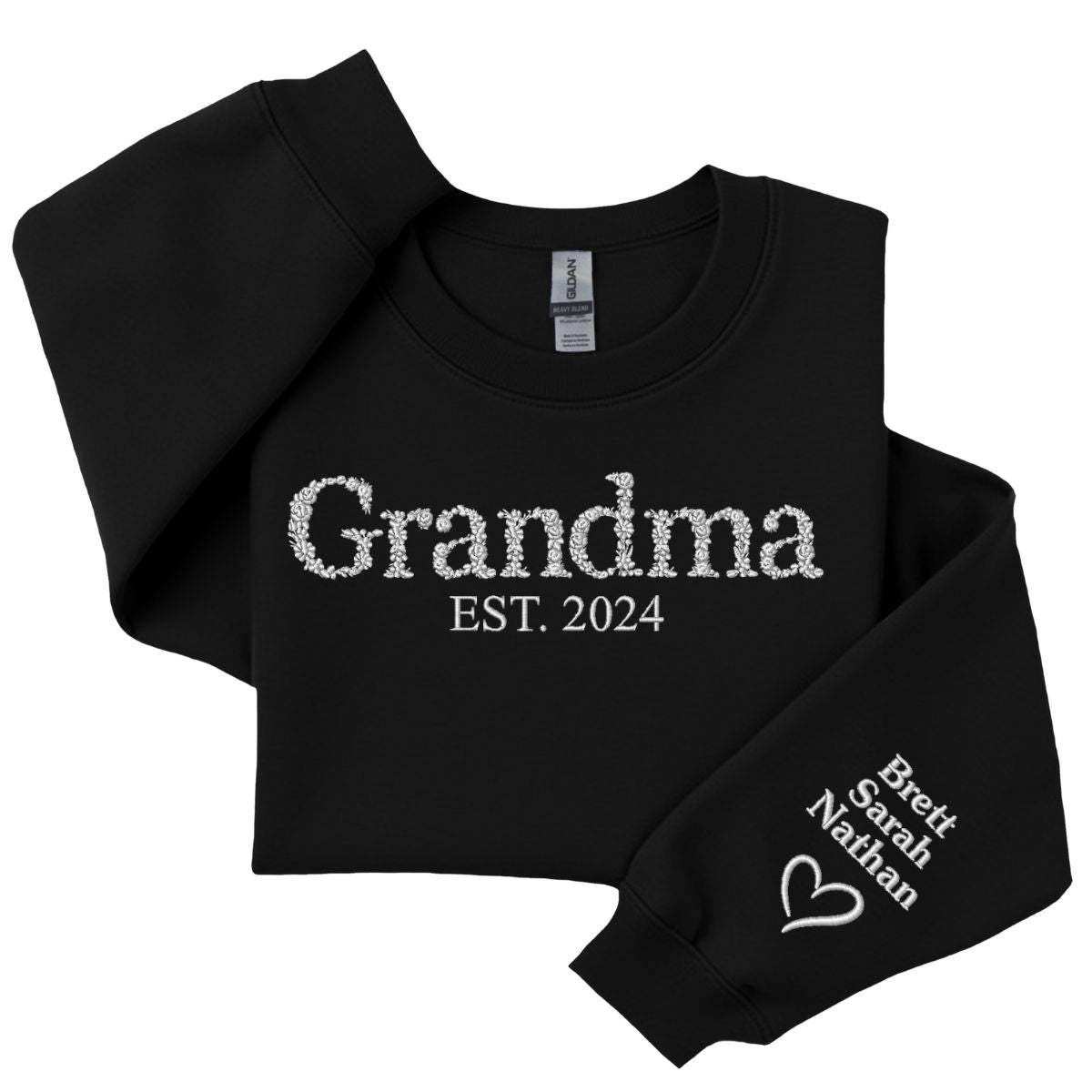 Grandma EST Sweatshirt - Embroidered Flower Font - Custom Year & Sleeve Design