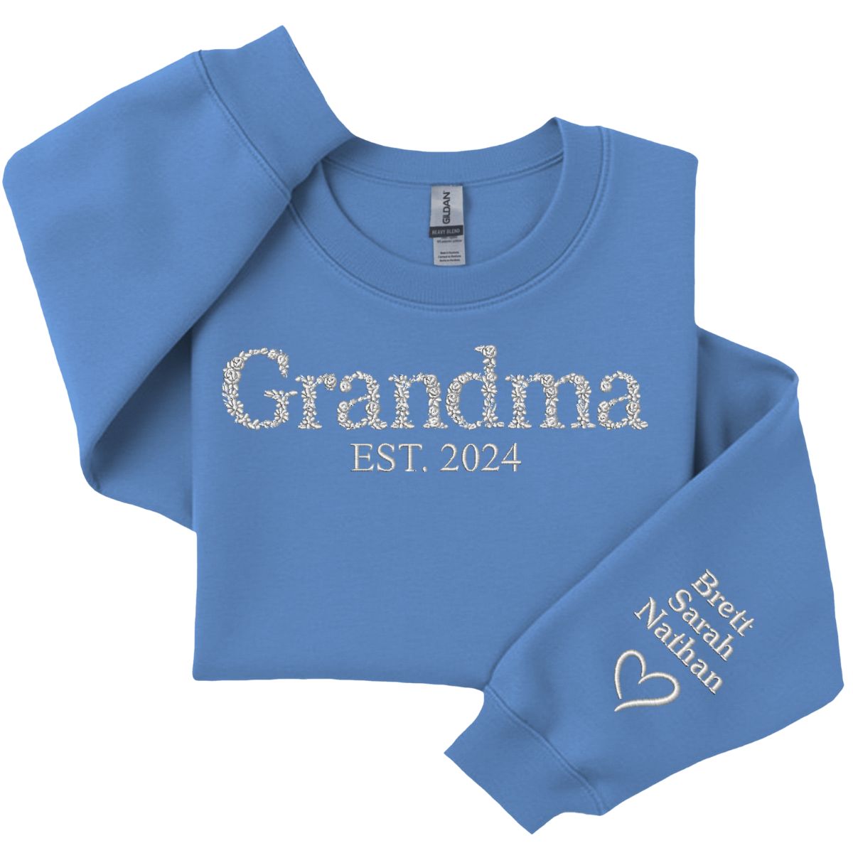 Grandma EST Sweatshirt - Embroidered Flower Font - Custom Year & Sleeve Design